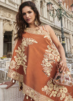 Vegaa Fashion Orange Crepe Silk Embroidered Western Palazzo With Blouse