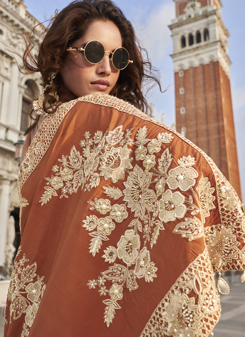 Vegaa Fashion Orange Crepe Silk Embroidered Western Palazzo With Blouse
