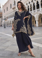 Vegaa Fashion Blue Crepe Silk Embroidered Western Palazzo Suit