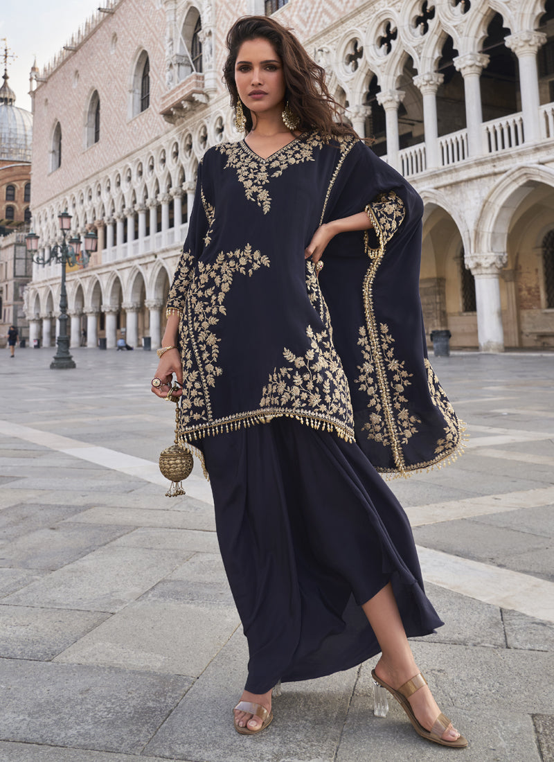 Vegaa Fashion Blue Crepe Silk Embroidered Western Palazzo Suit