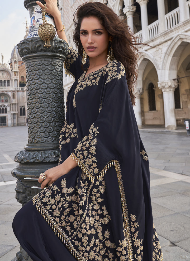 Vegaa Fashion Blue Crepe Silk Embroidered Western Palazzo Suit