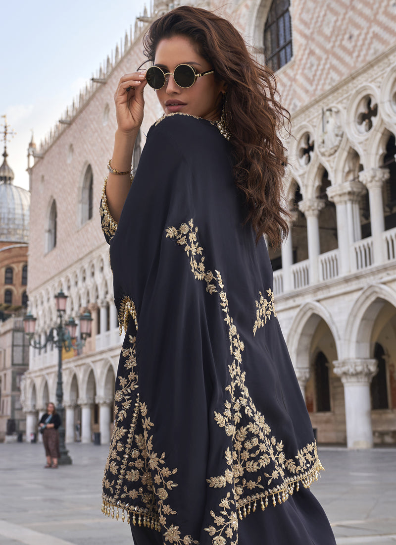Vegaa Fashion Blue Crepe Silk Embroidered Western Palazzo Suit