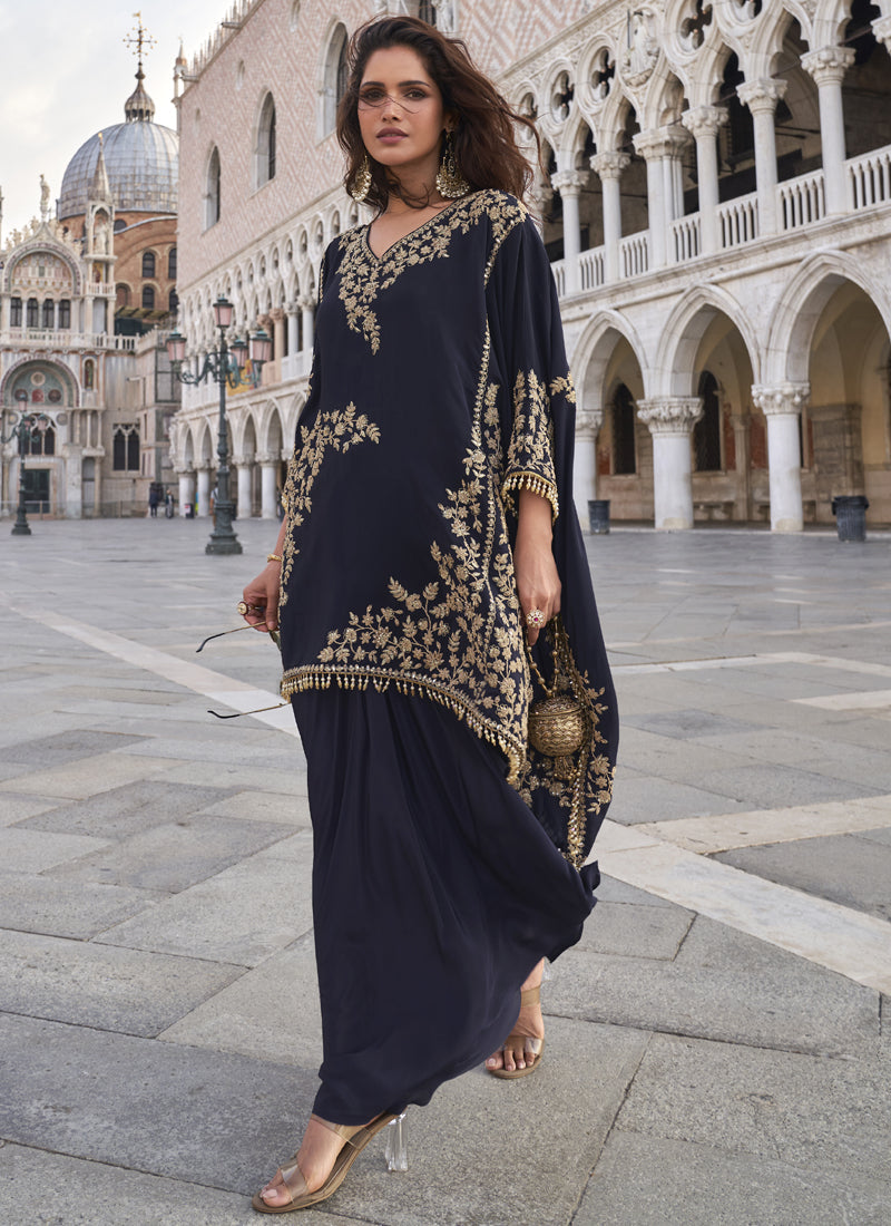 Vegaa Fashion Blue Crepe Silk Embroidered Western Palazzo Suit