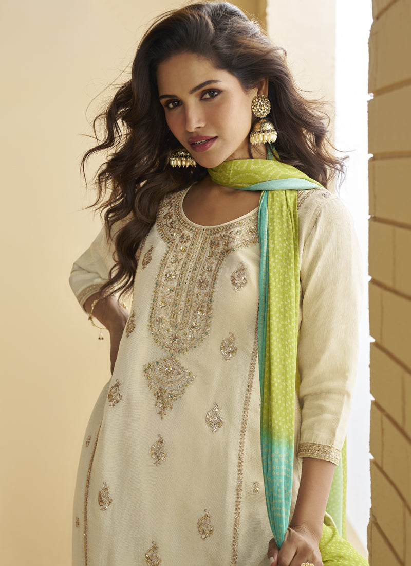 Vegaa Fashion Off White Chinon Silk Embroidered Designer Palazzo Suit - Distacart
