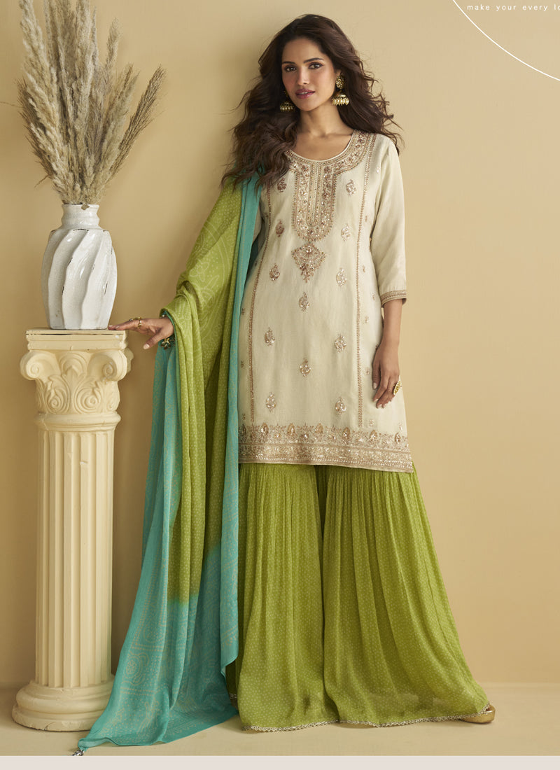 Vegaa Fashion Off White Chinon Silk Embroidered Designer Palazzo Suit - Distacart