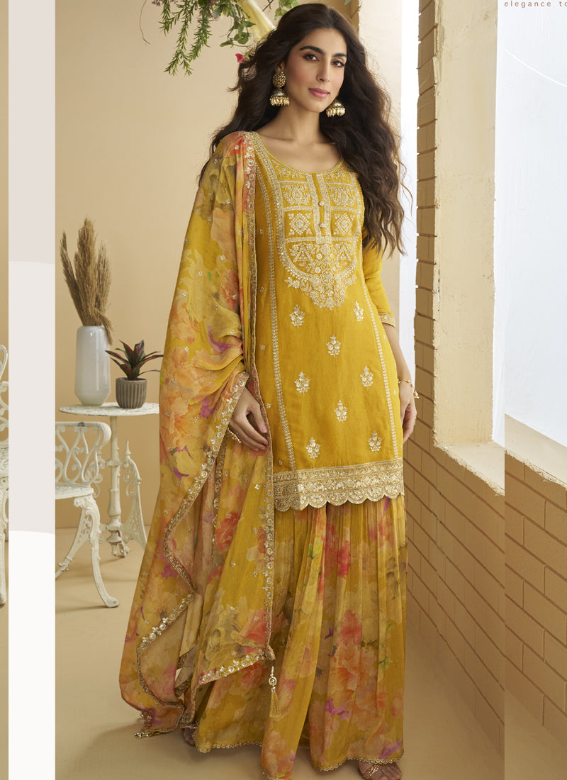 Vegaa Fashion Yellow Chinon Silk Embroidered Designer Palazzo Suit - Distacart