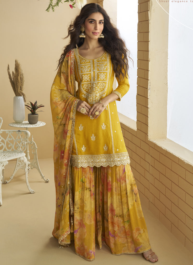 Vegaa Fashion Yellow Chinon Silk Embroidered Designer Palazzo Suit - Distacart