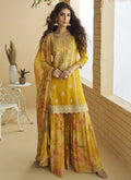 Vegaa Fashion Yellow Chinon Silk Embroidered Designer Palazzo Suit - Distacart