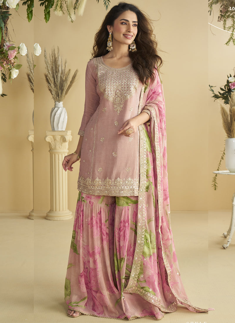 Vegaa Fashion Onion Pink Chinon Silk Embroidered Designer Palazzo Suit - Distacart
