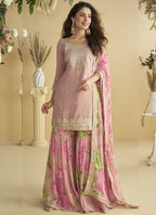 Vegaa Fashion Onion Pink Chinon Silk Embroidered Designer Palazzo Suit - Distacart
