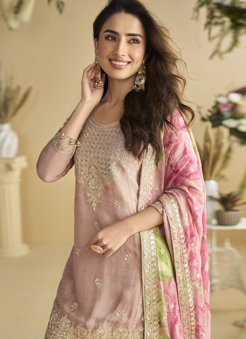 Vegaa Fashion Onion Pink Chinon Silk Embroidered Designer Palazzo Suit - Distacart