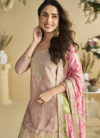 Vegaa Fashion Onion Pink Chinon Silk Embroidered Designer Palazzo Suit - Distacart