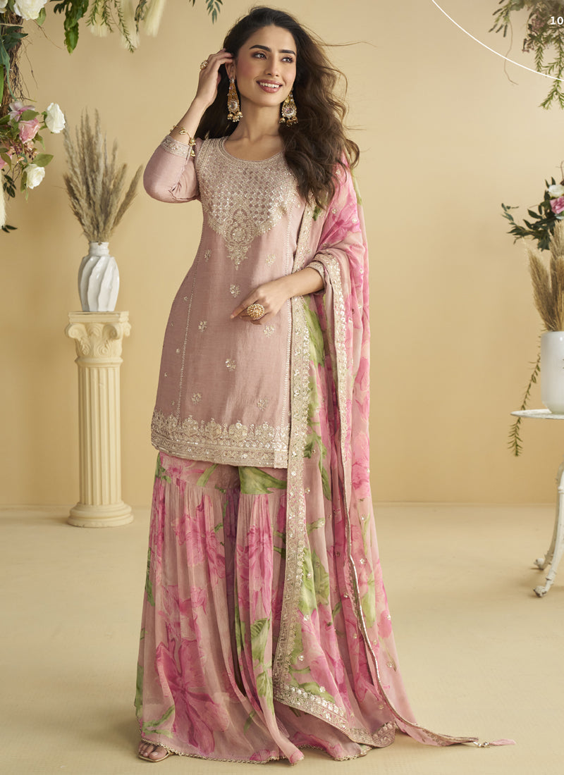 Vegaa Fashion Onion Pink Chinon Silk Embroidered Designer Palazzo Suit - Distacart