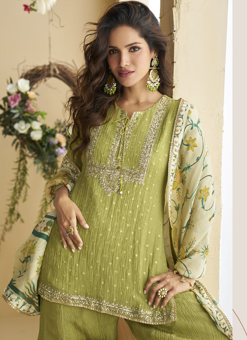 Vegaa Fashion Pista Green Chinon Silk Embroidered Designer Palazzo Suit - Distacart