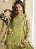 Vegaa Fashion Pista Green Chinon Silk Embroidered Designer Palazzo Suit - Distacart