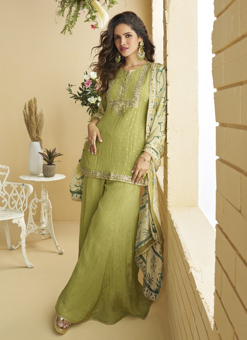 Vegaa Fashion Pista Green Chinon Silk Embroidered Designer Palazzo Suit - Distacart