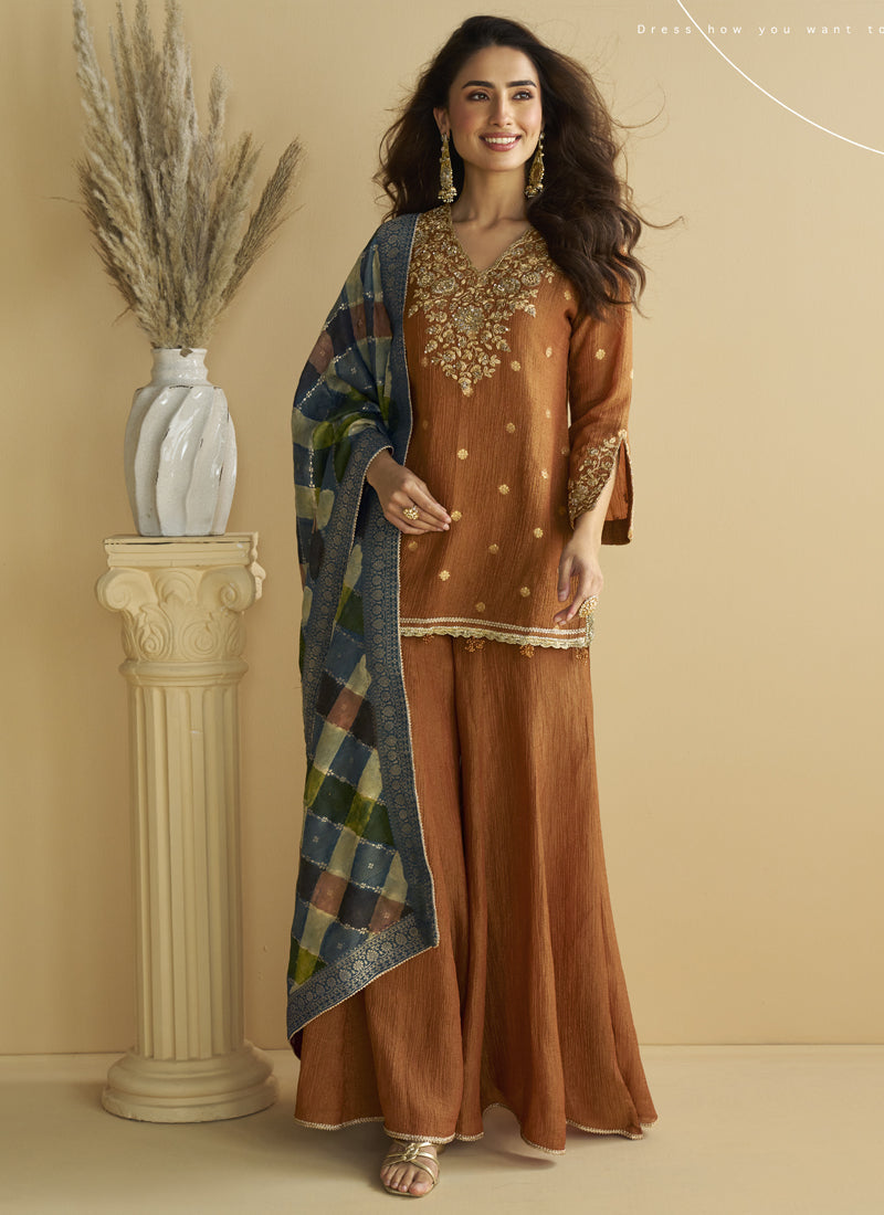 Vegaa Fashion Brown Chinon Silk Embroidered Designer Palazzo Suit - Distacart