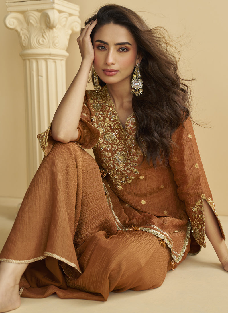 Vegaa Fashion Brown Chinon Silk Embroidered Designer Palazzo Suit - Distacart