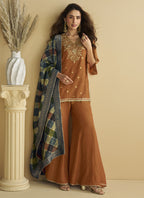 Vegaa Fashion Brown Chinon Silk Embroidered Designer Palazzo Suit - Distacart