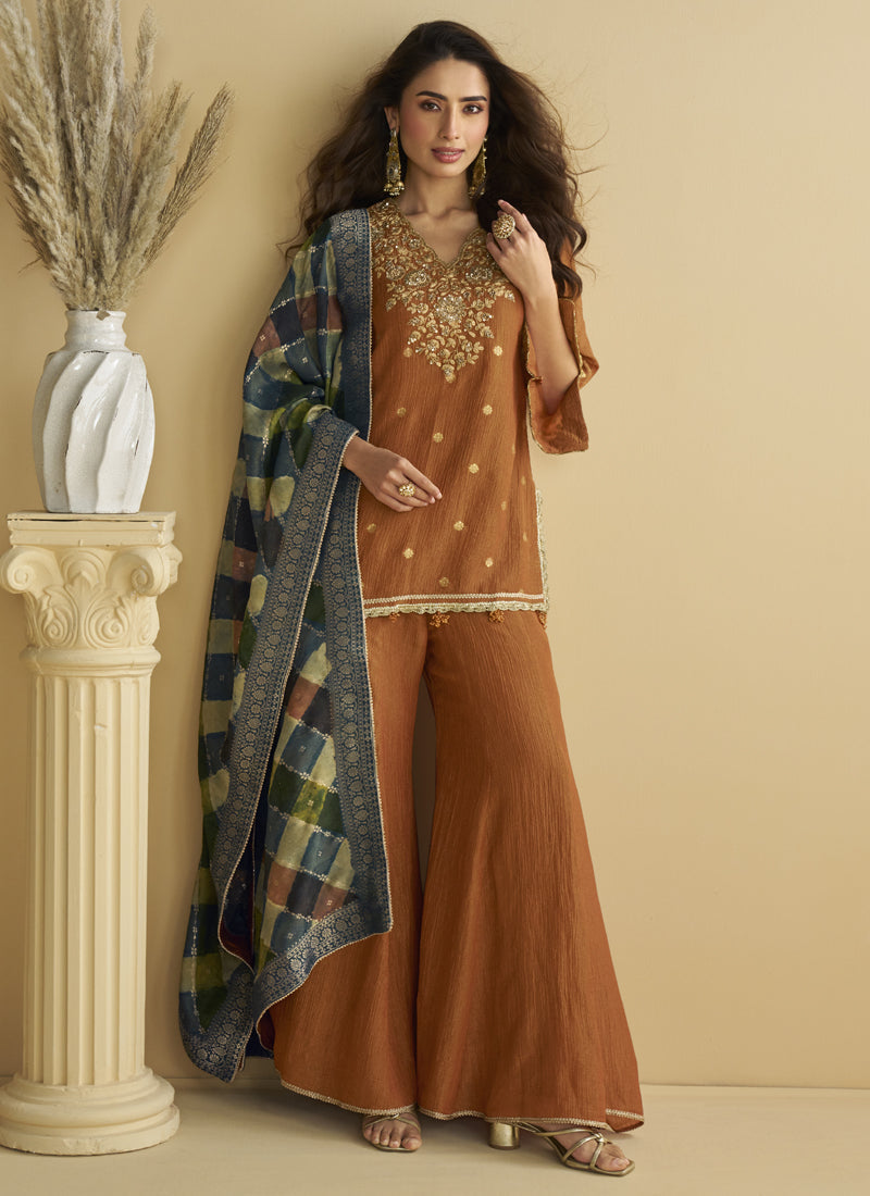 Vegaa Fashion Brown Chinon Silk Embroidered Designer Palazzo Suit - Distacart