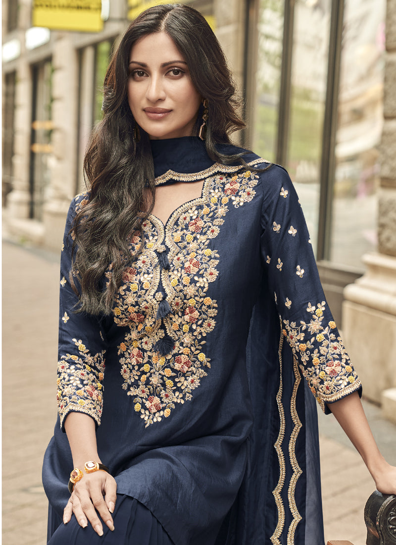 Vegaa Fashion Blue Premium Silk Embroidered Sharara Suit - Distacart