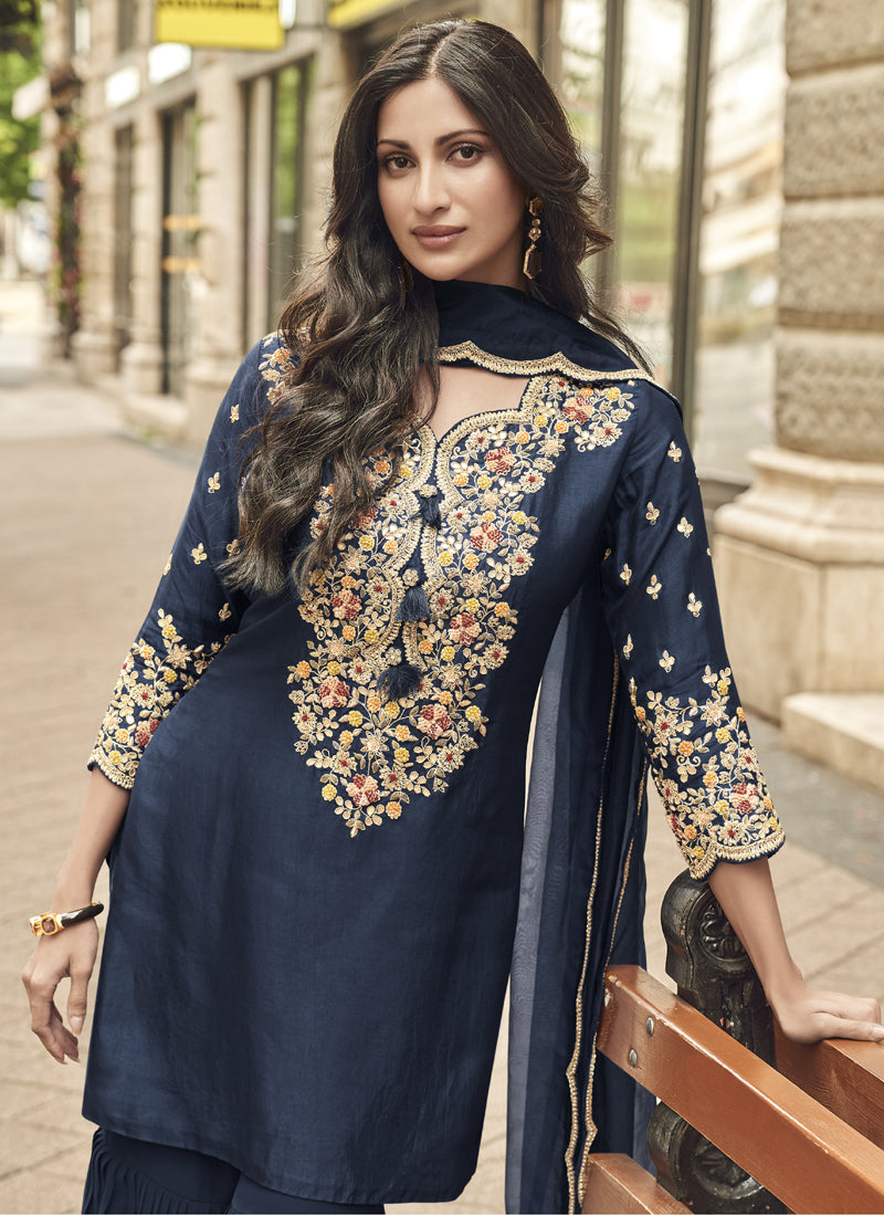 Vegaa Fashion Blue Premium Silk Embroidered Sharara Suit - Distacart