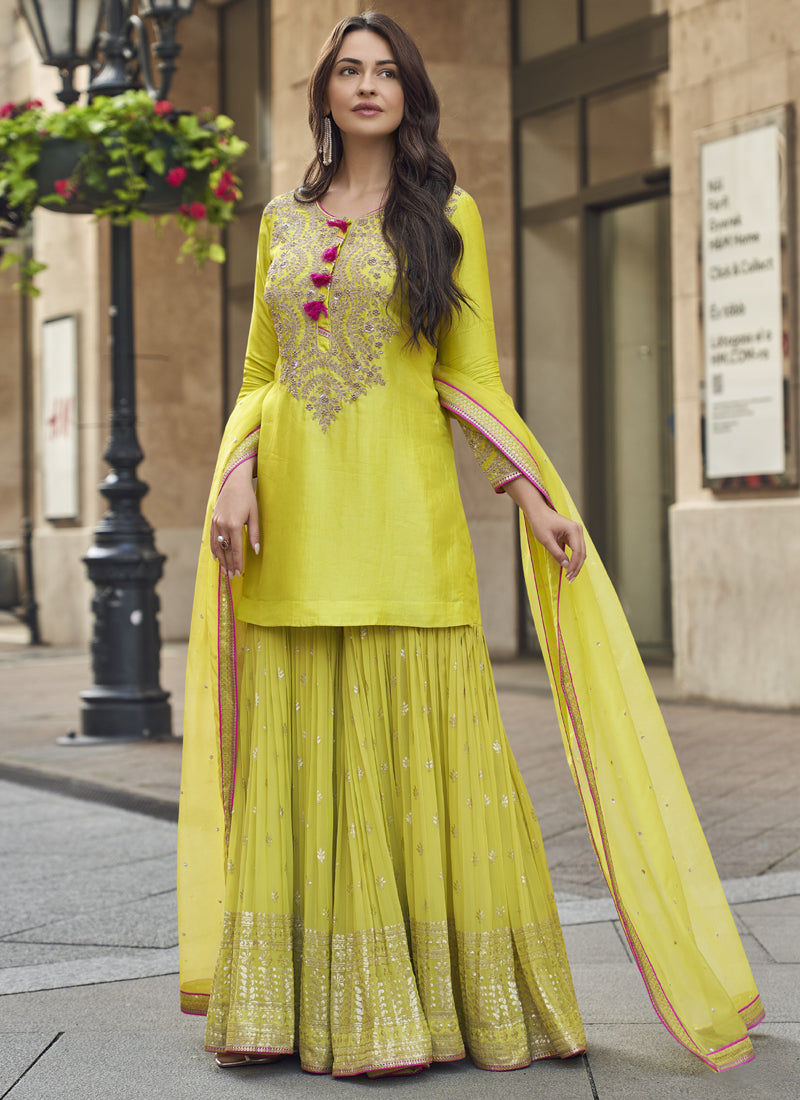 Vegaa Fashion Lime Green Premium Silk Embroidered Sharara Suit - Distacart