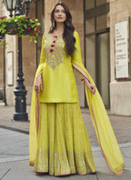 Vegaa Fashion Lime Green Premium Silk Embroidered Sharara Suit - Distacart