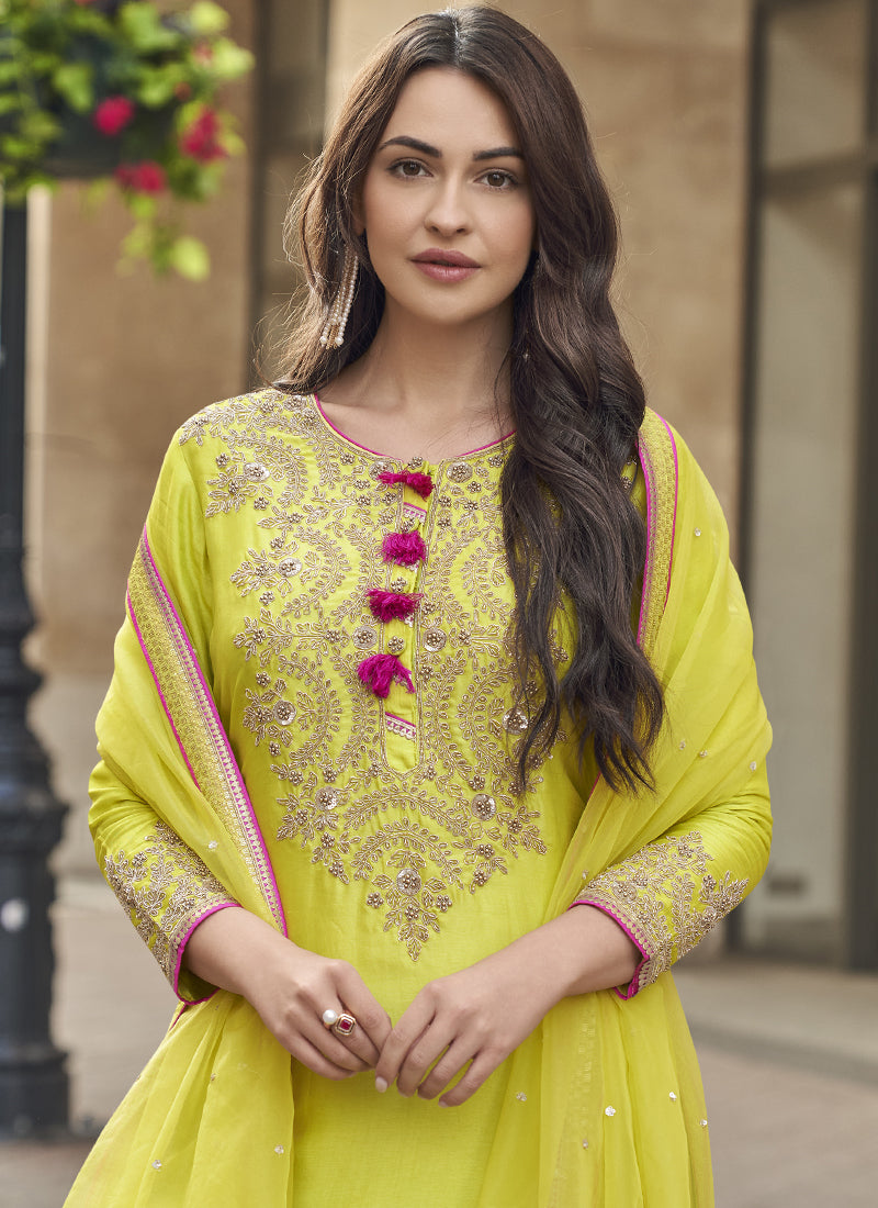 Vegaa Fashion Lime Green Premium Silk Embroidered Sharara Suit - Distacart