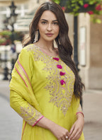 Vegaa Fashion Lime Green Premium Silk Embroidered Sharara Suit - Distacart