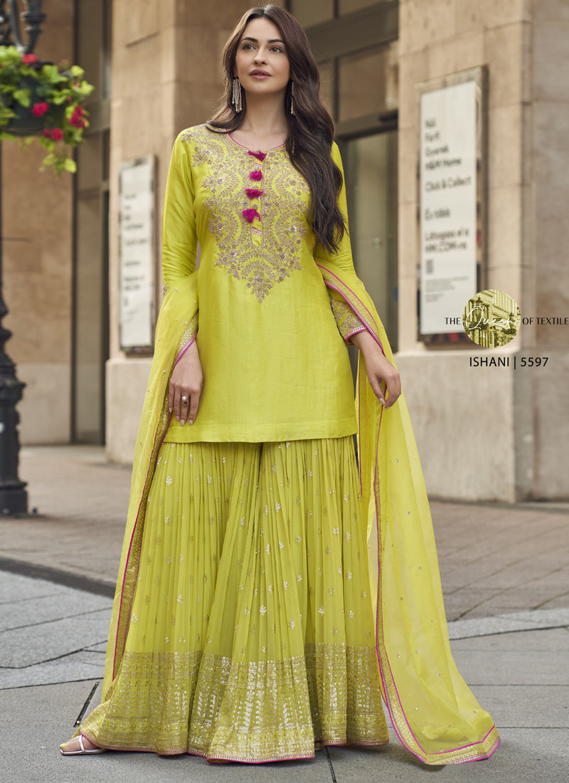 Vegaa Fashion Lime Green Premium Silk Embroidered Sharara Suit - Distacart