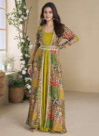 Vegaa Fashion Mustard Georgette Embroidered Gown With Silk Sturg - Distacart