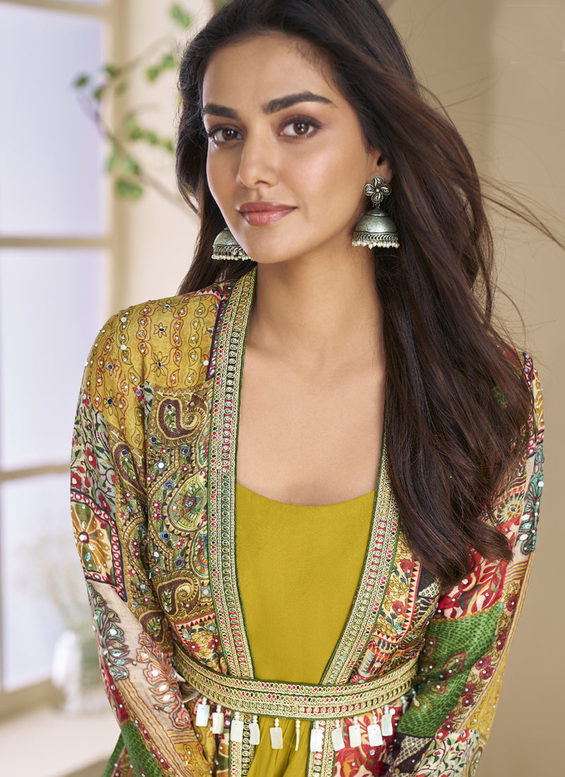 Vegaa Fashion Mustard Georgette Embroidered Gown With Silk Sturg - Distacart