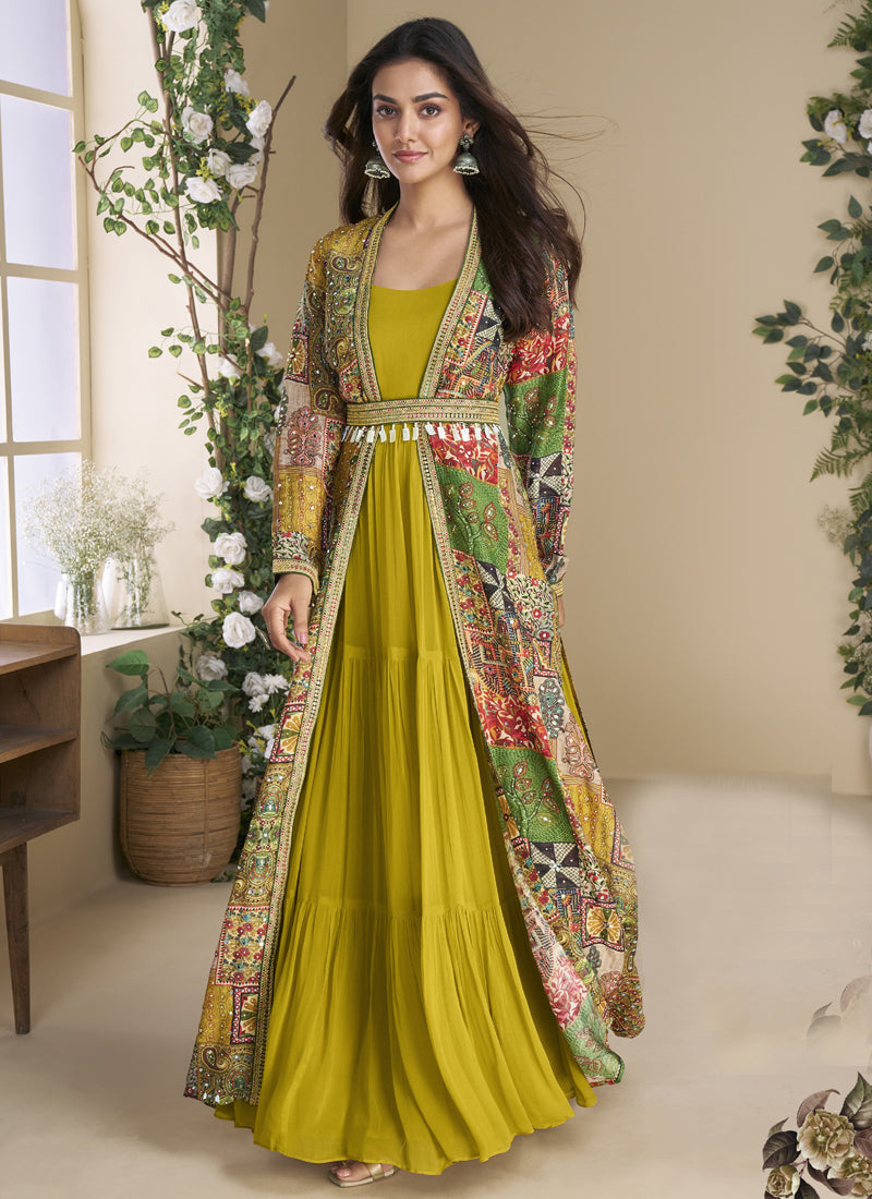 Vegaa Fashion Mustard Georgette Embroidered Gown With Silk Sturg - Distacart
