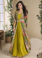 Vegaa Fashion Mustard Georgette Embroidered Gown With Silk Sturg - Distacart