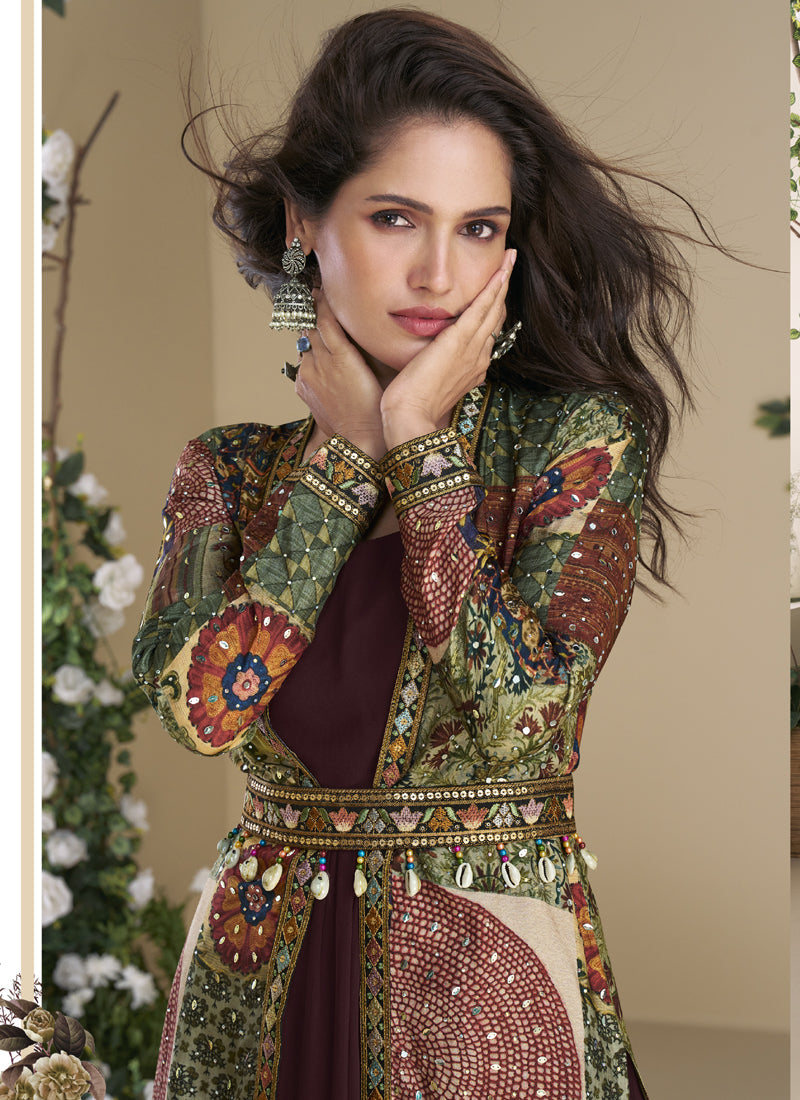 Vegaa Fashion Brown Georgette Embroidered Gown With Silk Sturg - Distacart
