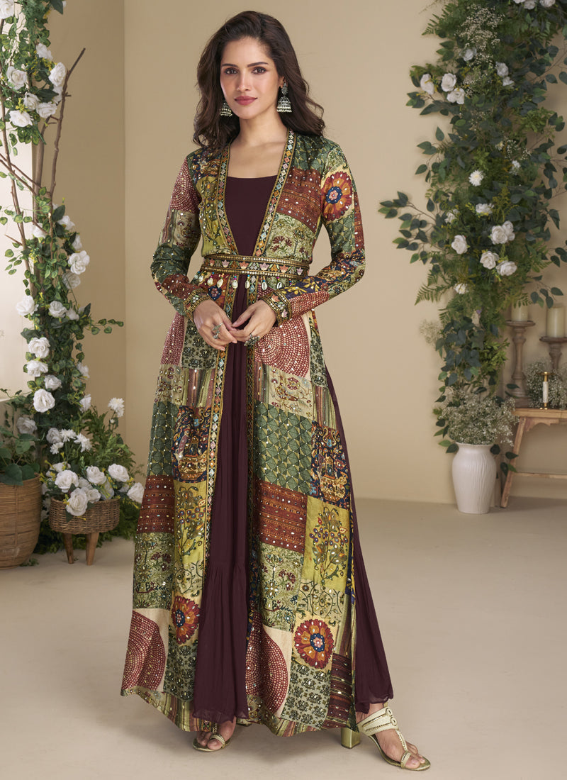 Vegaa Fashion Brown Georgette Embroidered Gown With Silk Sturg - Distacart