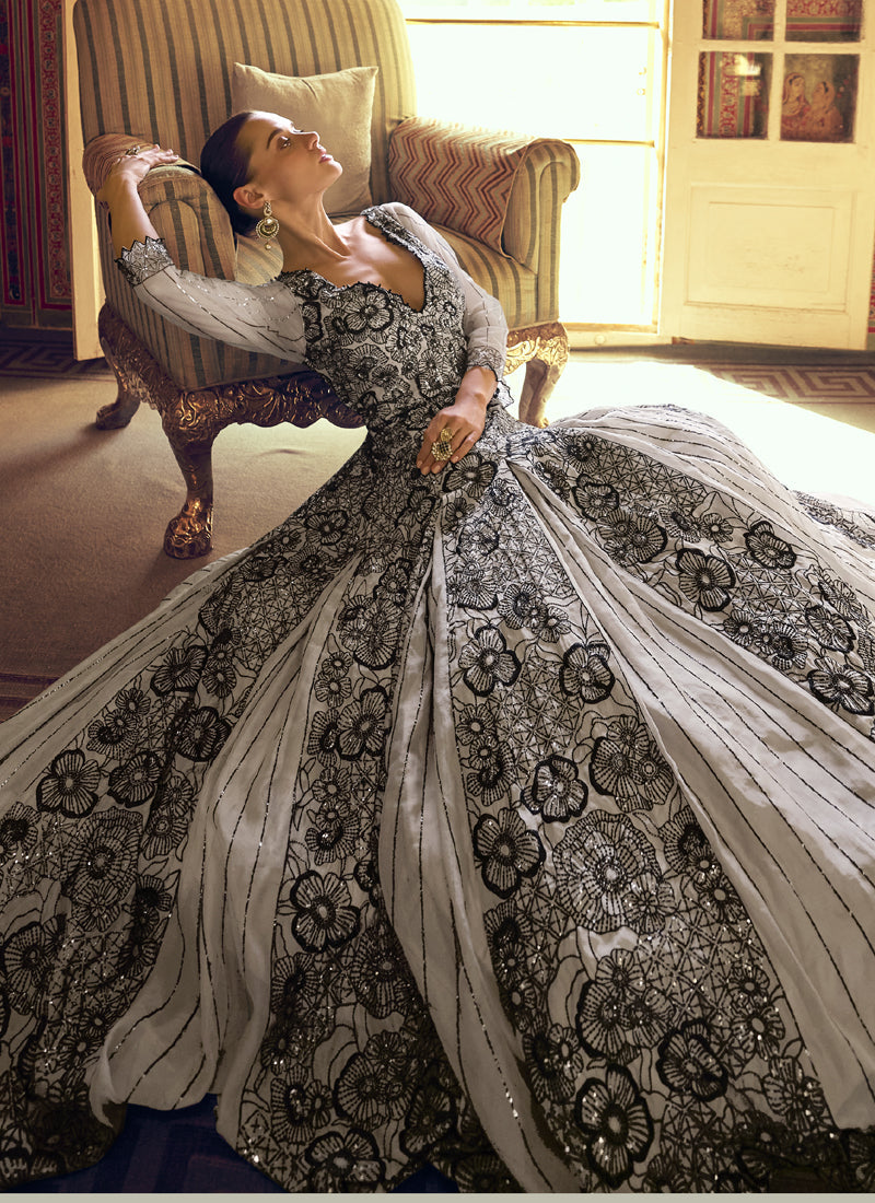 Vegaa Fashion Light Grey Viscose Shimmer Jacquard Silk Embroidered Gown - Distacart