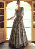 Vegaa Fashion Light Grey Viscose Shimmer Jacquard Silk Embroidered Gown - Distacart