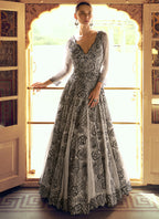 Vegaa Fashion Light Grey Viscose Shimmer Jacquard Silk Embroidered Gown - Distacart