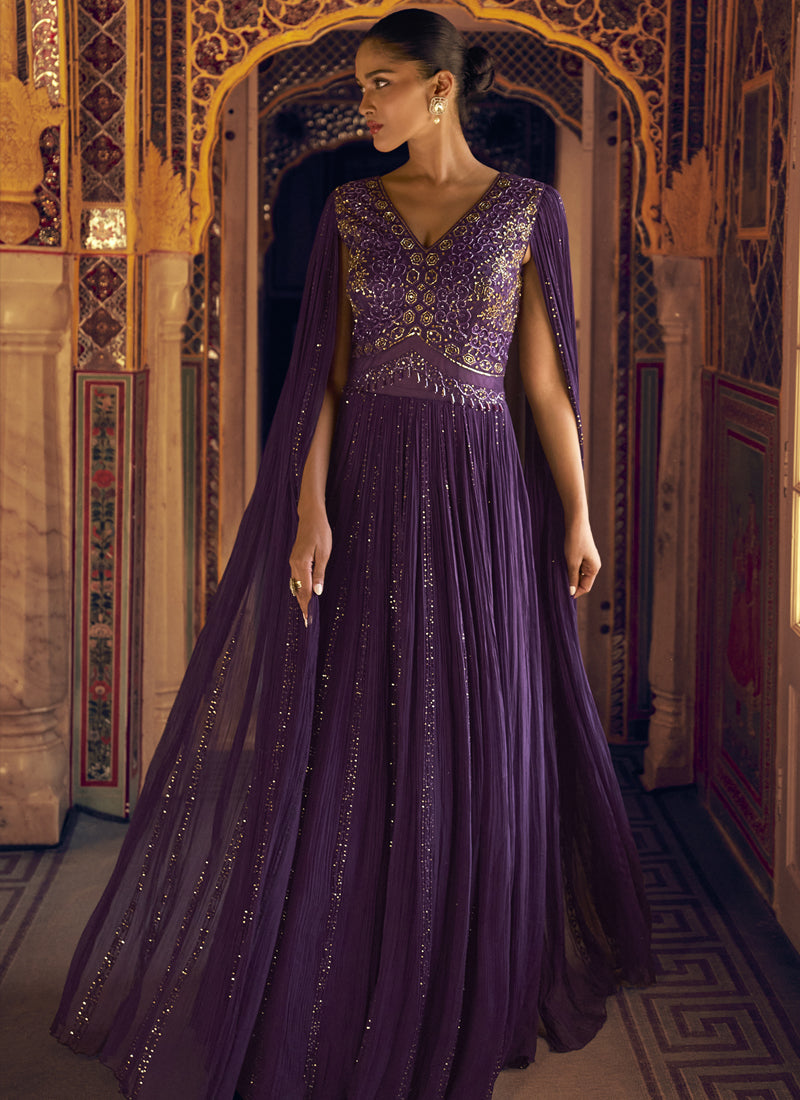 Vegaa Fashion Violet Viscose Shimmer Jacquard Silk Embroidered Gown - Distacart