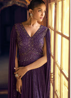 Vegaa Fashion Violet Viscose Shimmer Jacquard Silk Embroidered Gown - Distacart