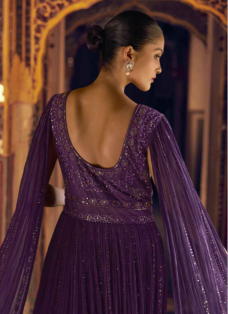 Vegaa Fashion Violet Viscose Shimmer Jacquard Silk Embroidered Gown - Distacart