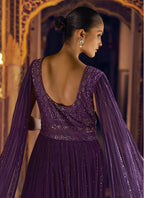 Vegaa Fashion Violet Viscose Shimmer Jacquard Silk Embroidered Gown - Distacart