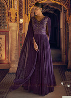 Vegaa Fashion Violet Viscose Shimmer Jacquard Silk Embroidered Gown - Distacart