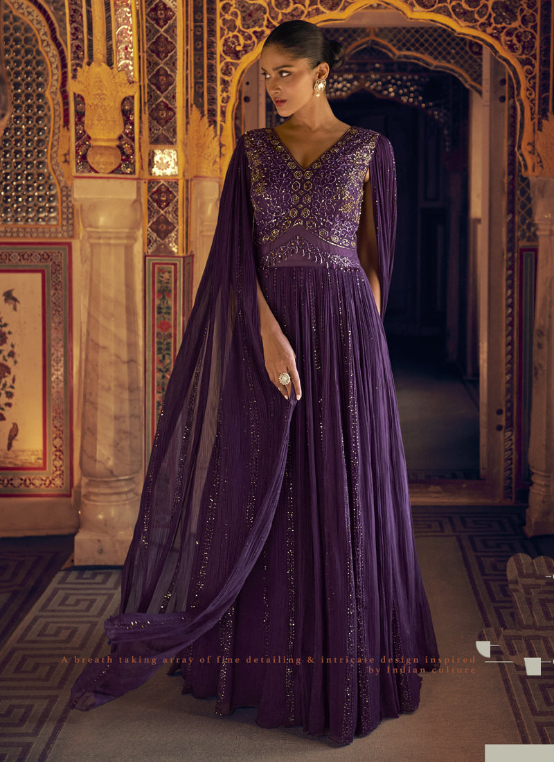 Vegaa Fashion Violet Viscose Shimmer Jacquard Silk Embroidered Gown - Distacart
