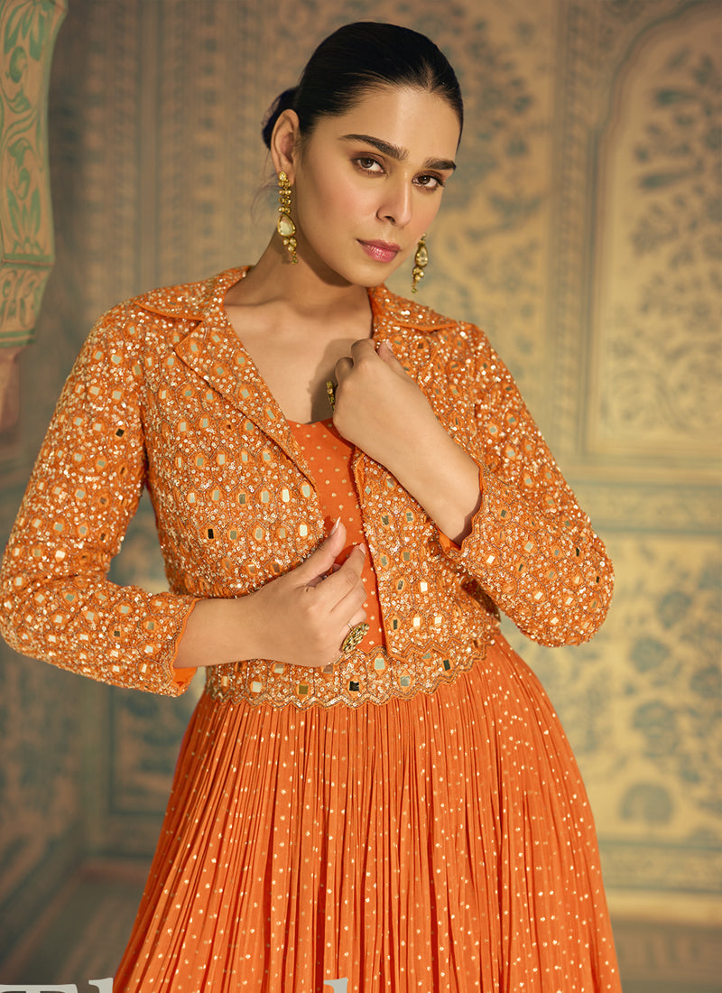 Vegaa Fashion Orange Viscose Shimmer Jacquard Silk Embroidered Gown - Distacart