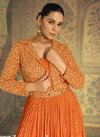Vegaa Fashion Orange Viscose Shimmer Jacquard Silk Embroidered Gown - Distacart