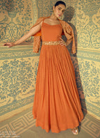 Vegaa Fashion Orange Viscose Shimmer Jacquard Silk Embroidered Gown - Distacart