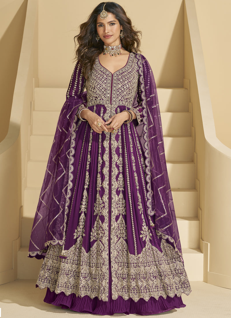 Vegaa Fashion Purple Chinon Silk Embroidered Lehenga Style Suit - Distacart